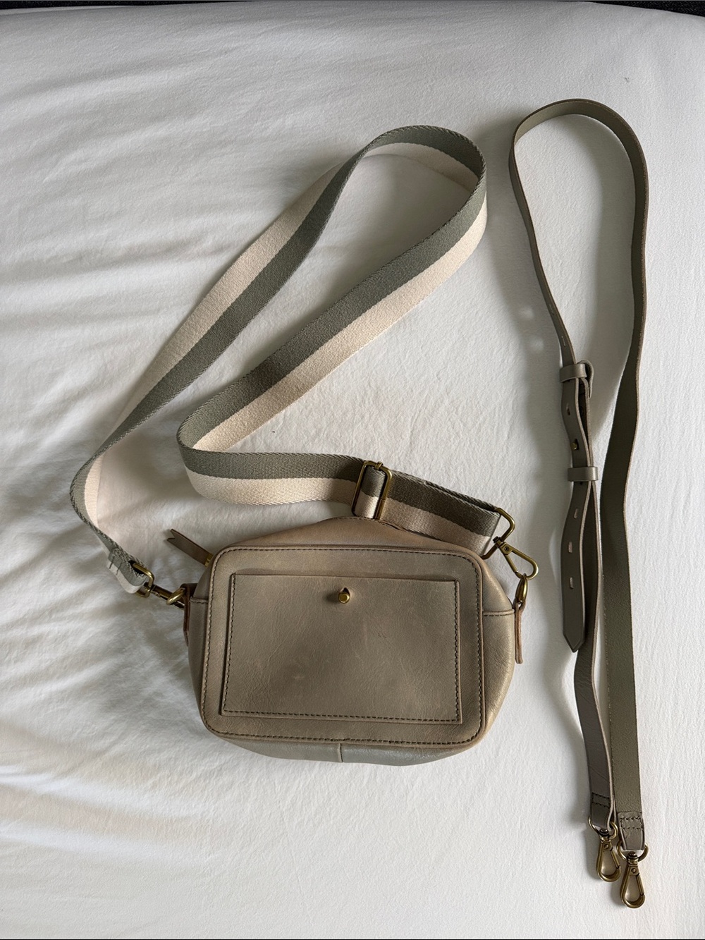 Madewell Sage Green Leather Crossbody with Striped Canvas Strap + 2nd strap